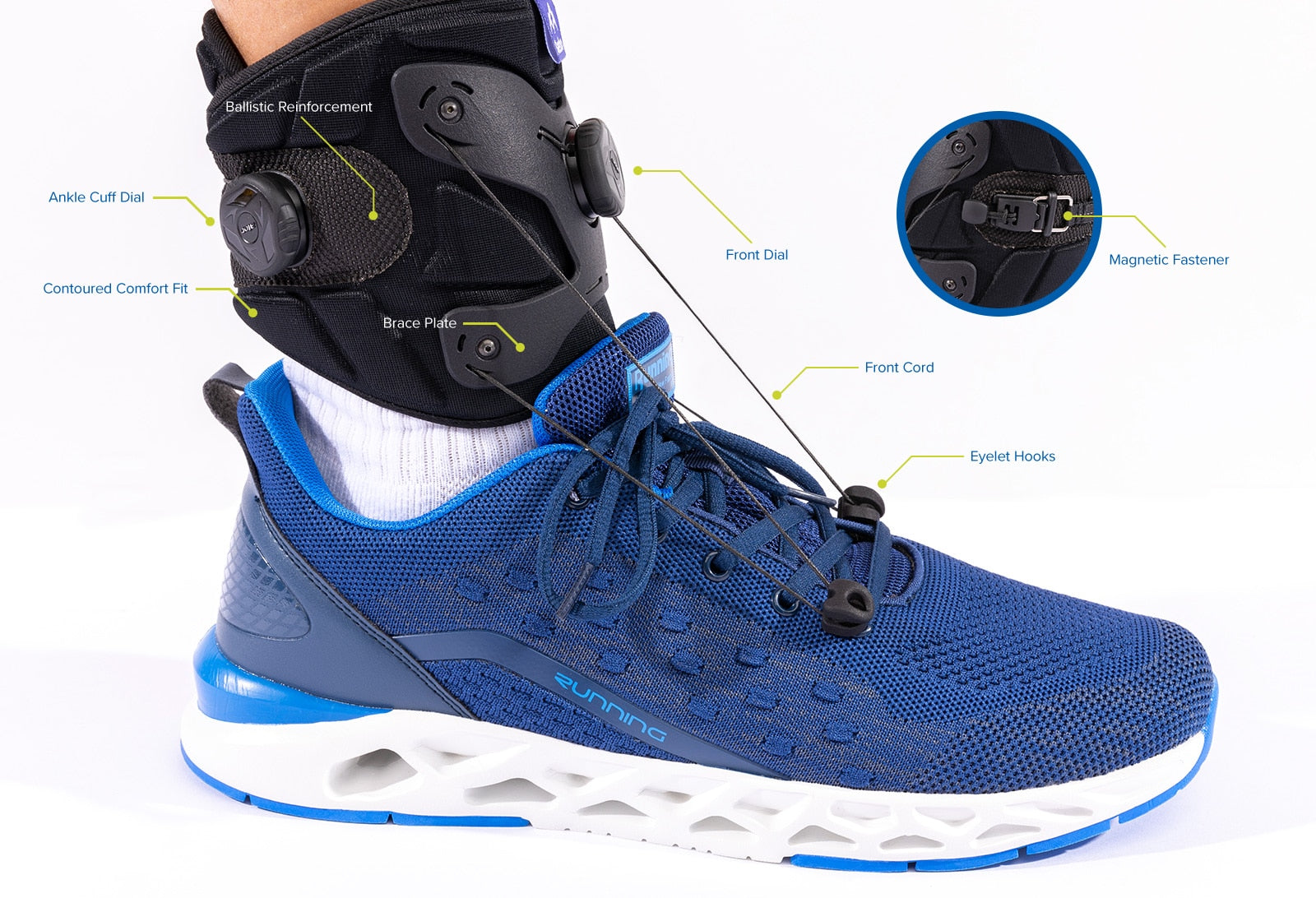 Person wearing SaeboStep Foot Drop Brace in blue sneaker with features highlighted.
